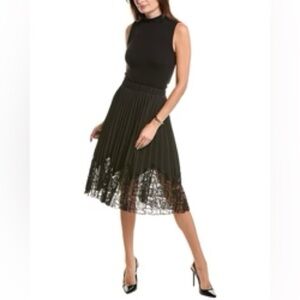 NWT Nanette Lepore | Black Accordian Pleated Lace Hem Midi Skirt Size XL Evening